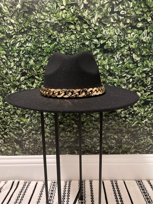 Black Fedora with gold chain