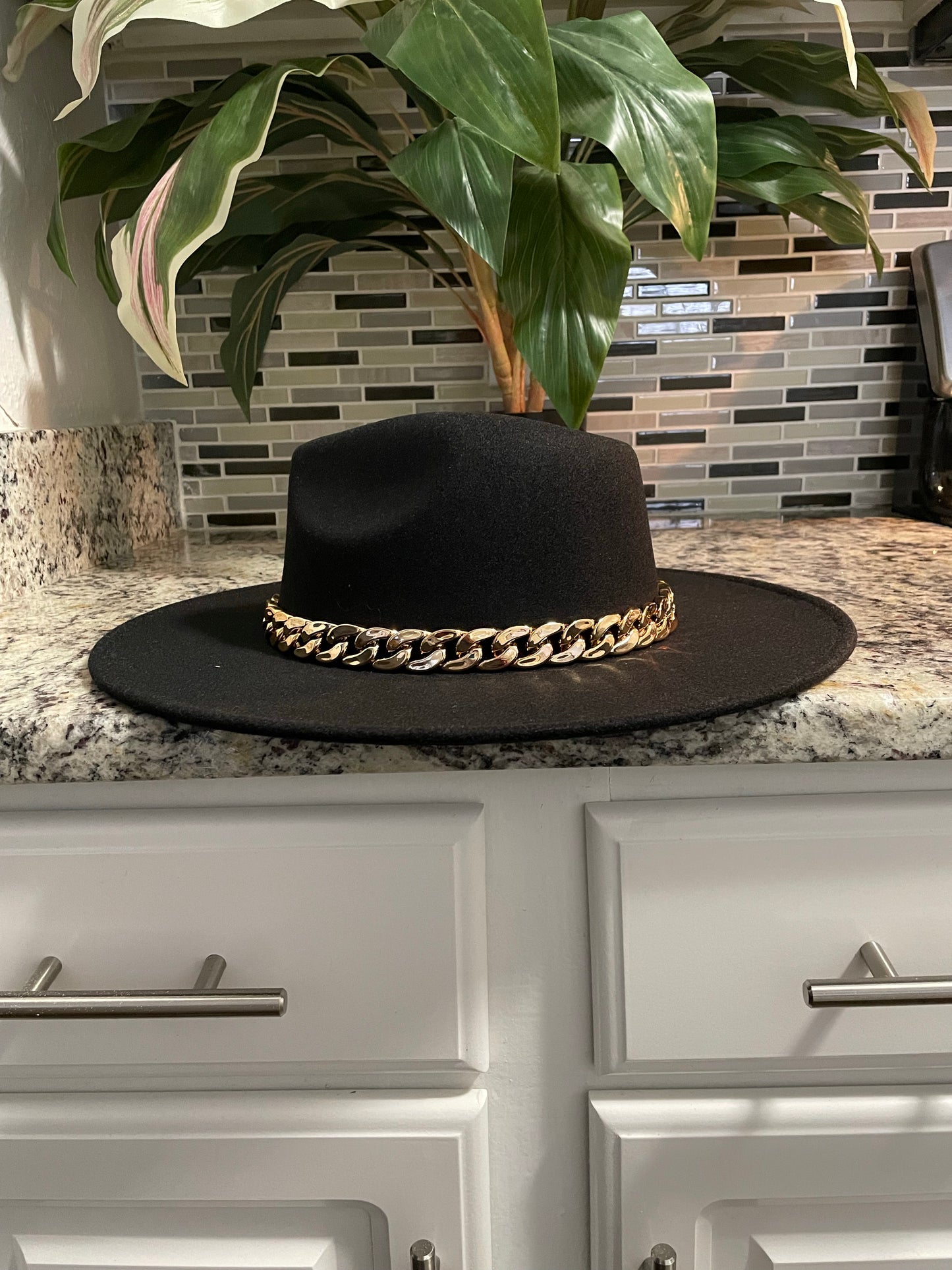 Black Fedora with gold chain