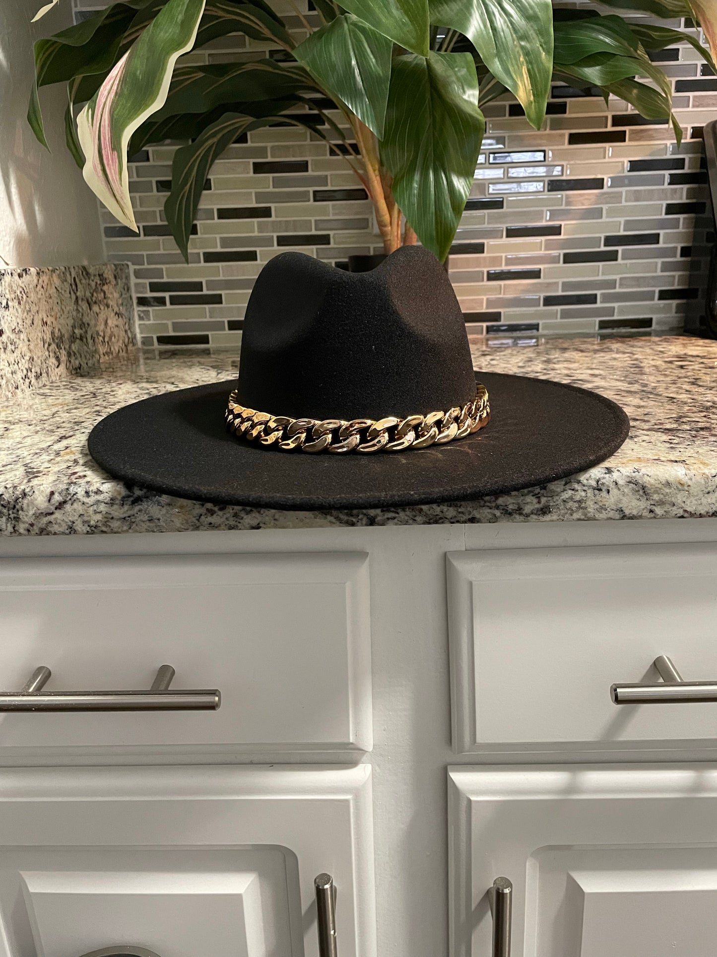 Black Fedora with gold chain